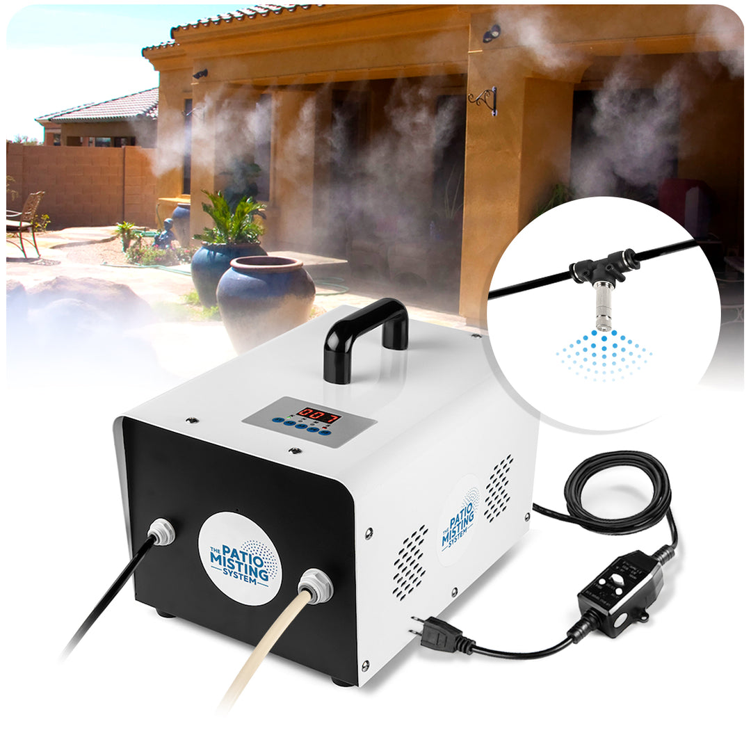 the patio misting system machine over lapping on an image of a patio with the misters working