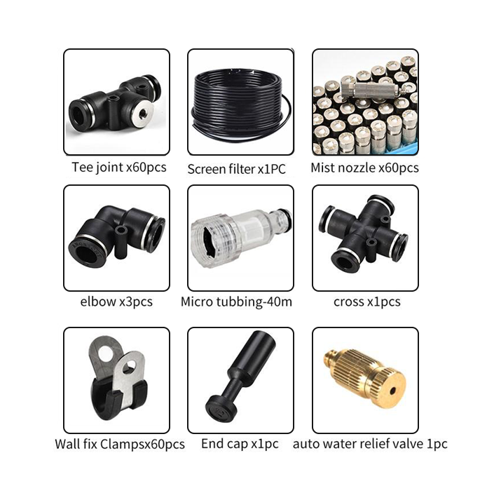 picture of patio misting system accessories included such as tee joint, screen filter, mist nozzle, elbow piece, micro tubbing, cross joint, wall fix clamps, end cap, auto water relief valve